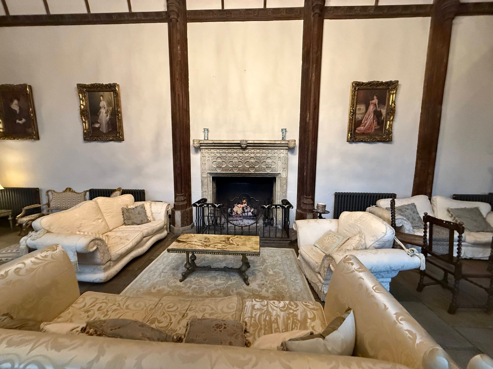 The great hall, a large lounge with a fireplace, for working and for sitting
